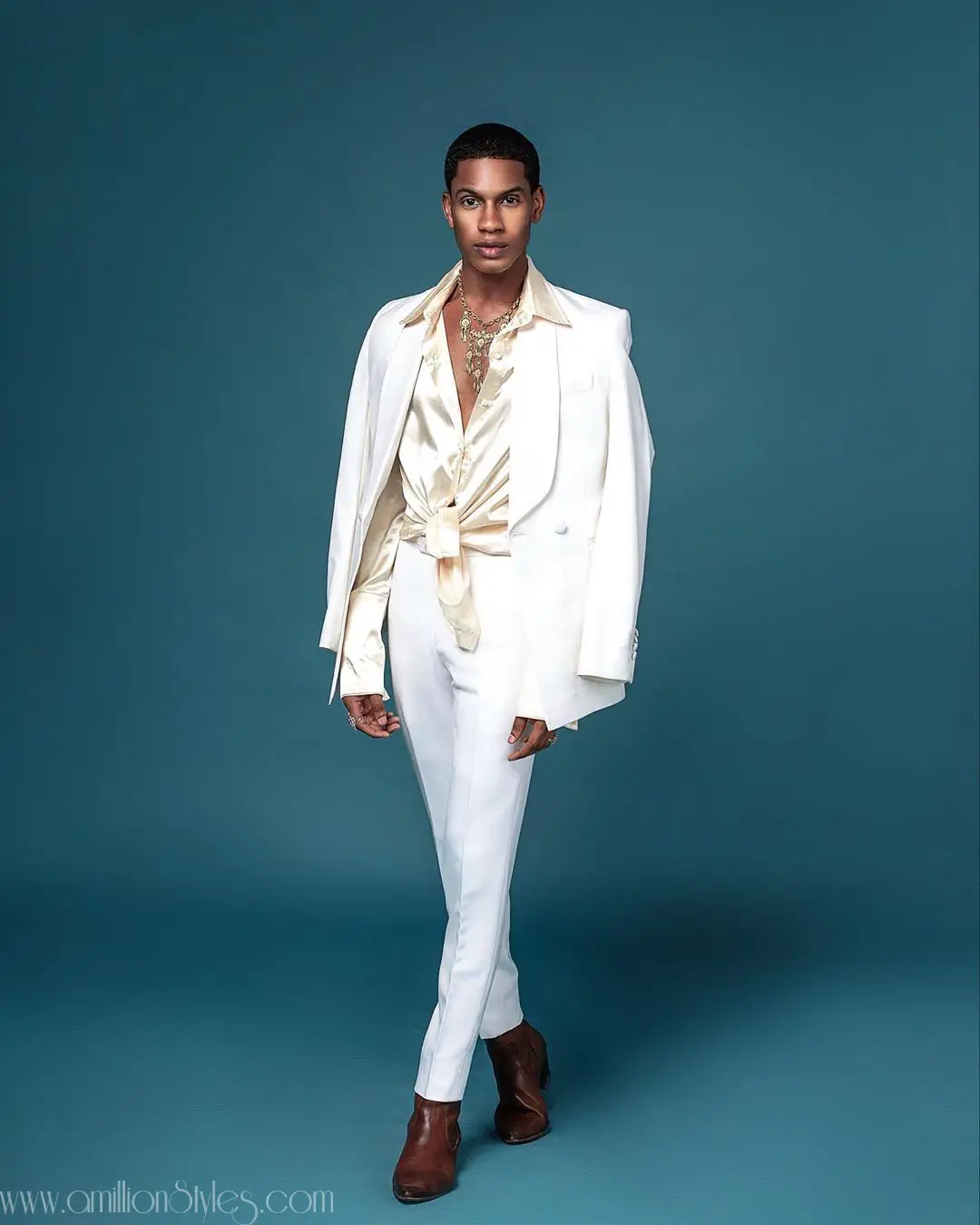 Denola Grey Is Stylish In Cream Silk Shirt And White Suit