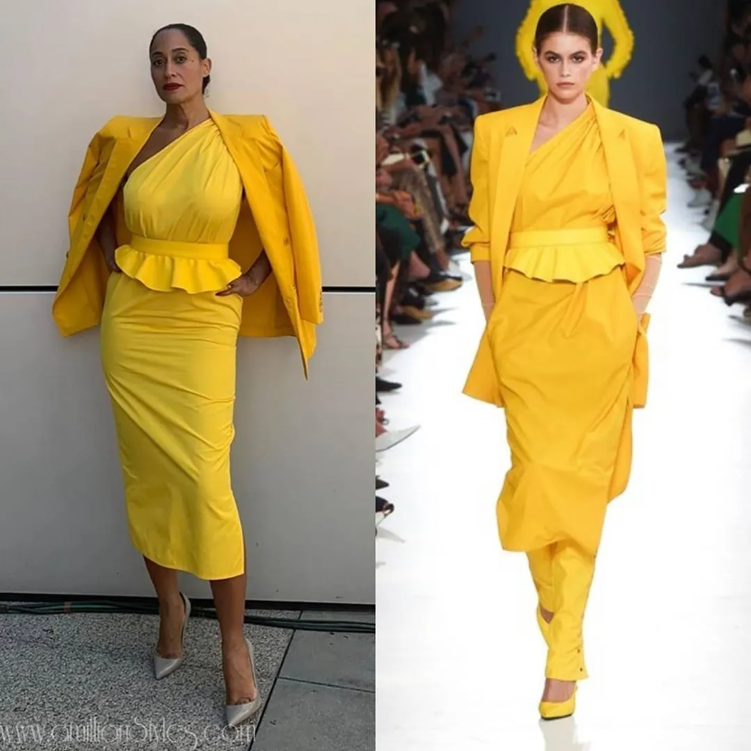 Tracee Ellis Ross In Yellow Asymmetrical Peplum Dress From Max Mara