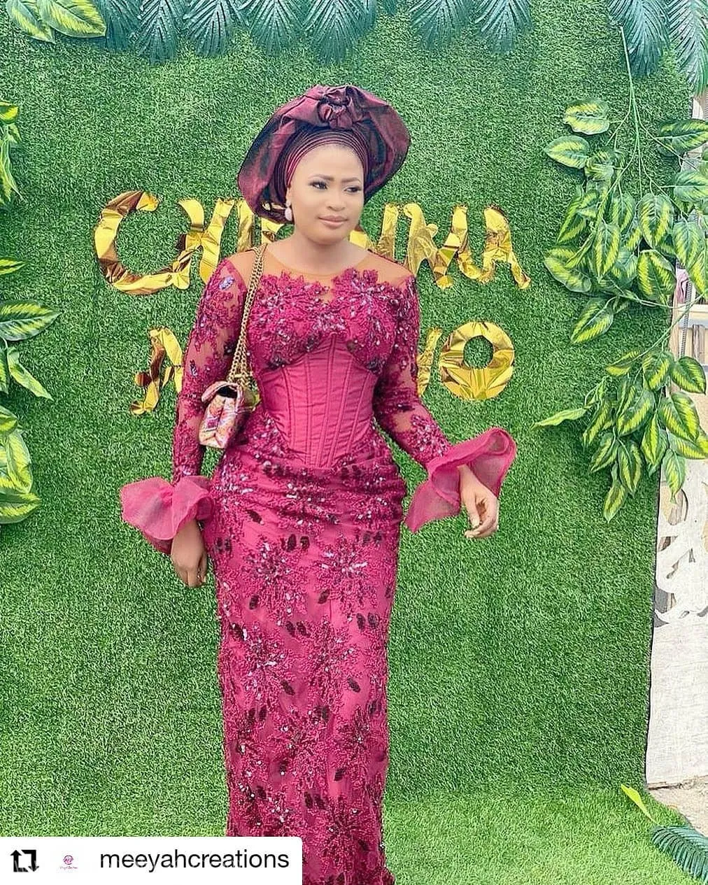 2021 Asoebi Trends: Corset Dress With Long Bell Sleeves