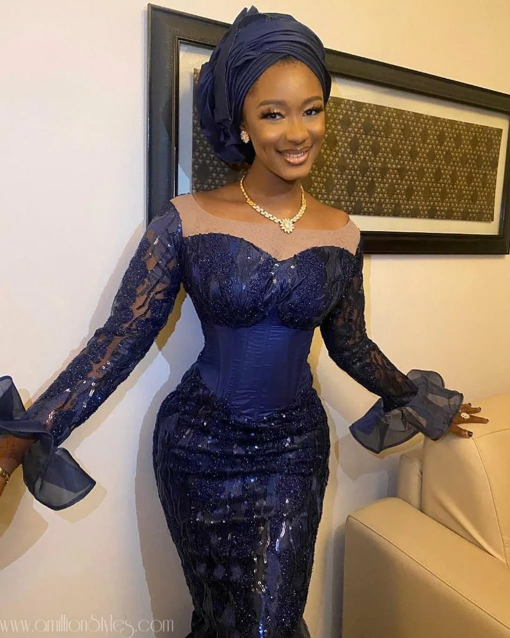 2021 Asoebi Trends: Corset Dress With Long Bell Sleeves